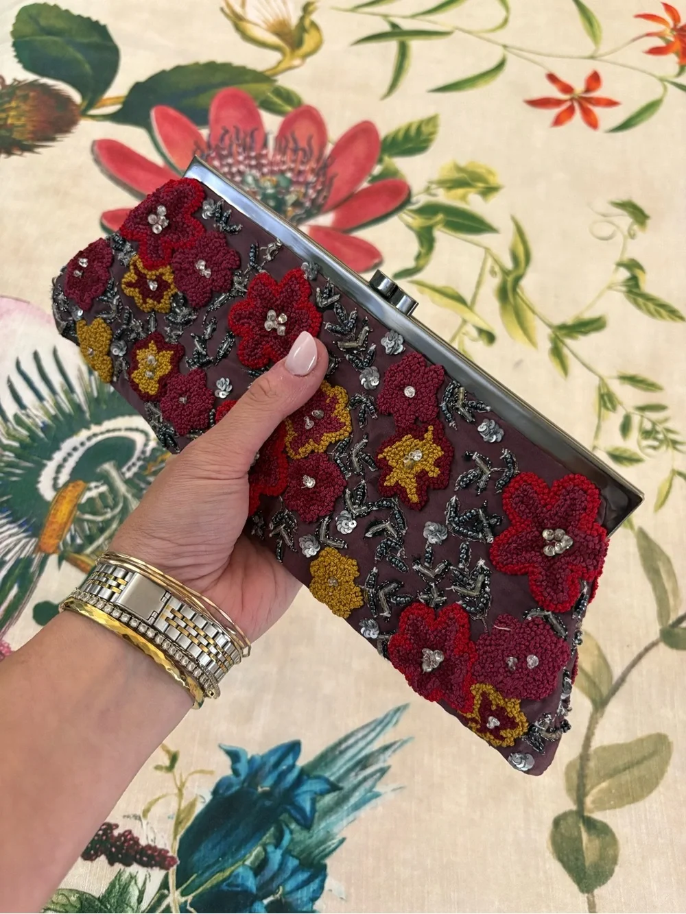 Santi Beaded Burgundy Floral Clutch